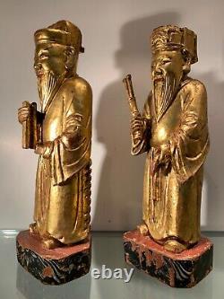 Paire De Statuettes Chinoises En Bois Doré, Epoque Fin XIXème