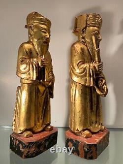 Paire De Statuettes Chinoises En Bois Doré, Epoque Fin XIXème