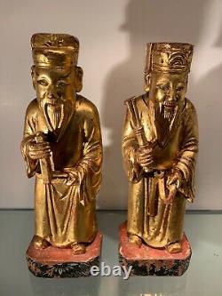 Paire De Statuettes Chinoises En Bois Doré, Epoque Fin XIXème