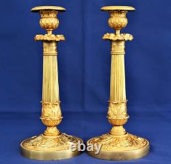 Paire Flambeaux Bougeoirs Bronze Doré Palmettes Fruits Epoque 1er Empire XIXème