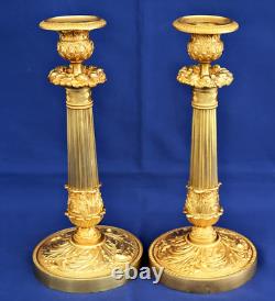 Paire Flambeaux Bougeoirs Bronze Doré Palmettes Fruits Epoque 1er Empire XIXème
