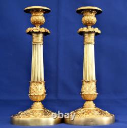 Paire Flambeaux Bougeoirs Bronze Doré Palmettes Fruits Epoque 1er Empire XIXème