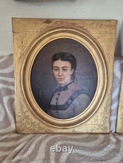 Paire Tableau ancien huile portrait d'un couple de qualité signé époque XIXème
