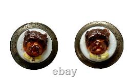 Paire de Boutons Métal & Porcelaine Tête de Chien Époque XIXème Antique Buttons