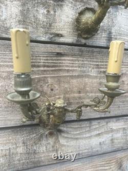 Paire de Chandelier Applique Bronze Doré Ancien Lampe Époque Empire XIXeme