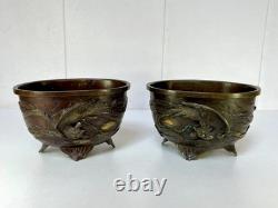 Paire de Coupes Bronze Asie XIXe Décor Haute Époque Qilin & Phénix JAPON XIXème