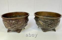 Paire de Coupes Bronze Asie XIXe Décor Haute Époque Qilin & Phénix JAPON XIXème