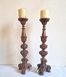 Paire de grands bougeoirs /piques cierges en bois sculpté, époque XIXème. 45 cm