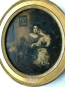 Paire de peinture romantique sur carton époque XIXéme H 18.5 cm