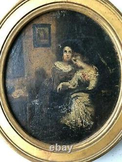 Paire de peinture romantique sur carton époque XIXéme H 18.5 cm
