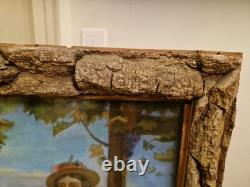 Pastel Ancien Scène Romantique Époque XIX Ème S, Cadre En Écorce