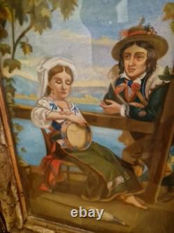 Pastel Ancien Scène Romantique Époque XIX Ème S, Cadre En Écorce