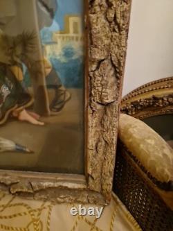 Pastel Ancien Scène Romantique Époque XIX Ème S, Cadre En Écorce