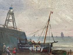 Peinture Huile sur Panneau Marine Bord de Mer Bateaux Personnages Époque XIX ème