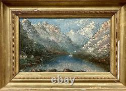 Peinture Huile sur Panneau Paysage Montagnes Sommets Enneigés Lacs Époque XIXème