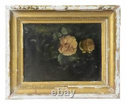 Peinture à l'huile paysage bouquet de roses époque fin XIXème