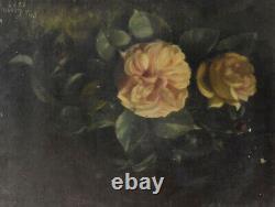 Peinture à l'huile paysage bouquet de roses époque fin XIXème
