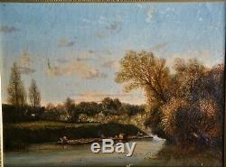 Peinture-huile-ecole De Barbizon-paysage Anime-riviere-epoque XIX Eme-arbres