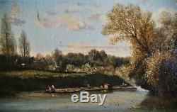 Peinture-huile-ecole De Barbizon-paysage Anime-riviere-epoque XIX Eme-arbres