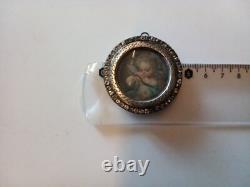 Pendentif et Miniature peinte main Cupidon époque XIXème argent et strass