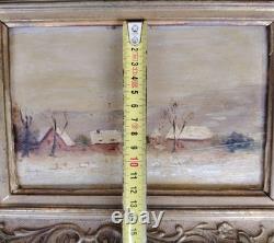 Petite Huile Sur Bois Campagne Sous La Neige XIXEME Avec Son Cadre Epoque