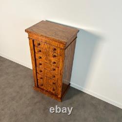 Petite commode Wellington anglaise en placage de noyer, époque victorienne XIXe
