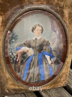 Photo rehaussée cadre JEUNE FEMME époque 1841/1903 sortie grenier