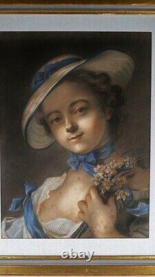 Portrait d'Une Jeune Femme Au Chapeau Et Bouquet De Fleurs, Pastel époque XIX èm