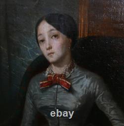 Portrait d'une Jeune Femme Epoque Louis Philippe Huile/Toile du XIXème siècle