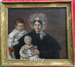 Portrait de Famille Femme et Enfants Epoque Louis Philippe HST du XIXème siècle