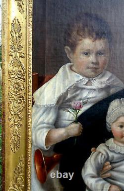 Portrait de Famille Femme et Enfants Epoque Louis Philippe HST du XIXème siècle