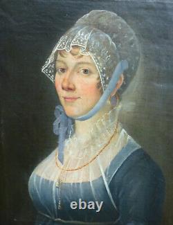 Portrait de Femme à la Coiffe Epoque Ier Empire Huile/Toile du XIXème siècle