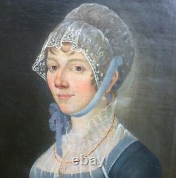 Portrait de Femme à la Coiffe Epoque Ier Empire Huile/Toile du XIXème siècle