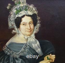 Portrait de Femme à la Coiffe Epoque Louis Philippe Huile/Toile du XIXème siècle