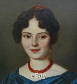 Portrait de Femme au diadème Epoque Charles X Ecole Française XIXème siècle HST