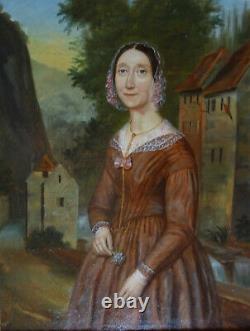 Portrait de Femme en extérieur Epoque Louis Phillippe début XIXème Siècle HST