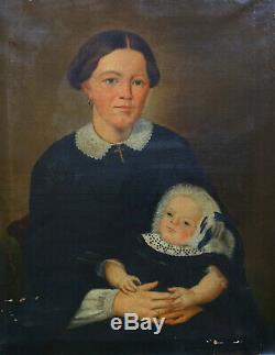 Portrait de Femme et son Enfant Epoque Second Empire HST XIXème siècle