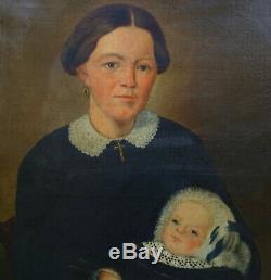 Portrait de Femme et son Enfant Epoque Second Empire HST XIXème siècle