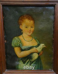 Portrait de Fillette à l'Oiseau d'Epoque Ier Empire du XIXème siècle HST