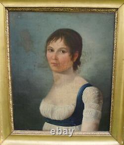 Portrait de Jeune Femme Epoque Ier Empire Huile/ Toile du XIXème siècle