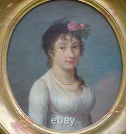 Portrait de Jeune Femme Epoque Ier Empire Huile/Toile du XIXème siècle