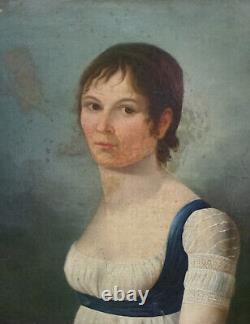Portrait de Jeune Femme Epoque Ier Empire Huile/ Toile du XIXème siècle