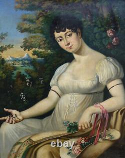 Portrait de Jeune Femme Epoque Ier Empire Huile sur Toile du XIXème siècle