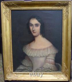 Portrait de Jeune Femme Epoque Louis Philippe Huile/Toile du XIXème siècle