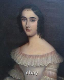 Portrait de Jeune Femme Epoque Louis Philippe Huile/Toile du XIXème siècle