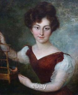 Portrait de Jeune Femme à l'Oiseau Epoque Charles X Huile/Toile du XIXème siècle