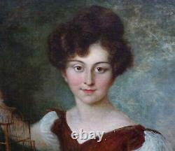 Portrait de Jeune Femme à l'Oiseau Epoque Charles X Huile/Toile du XIXème siècle