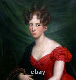 Portrait de Jeune Femme d'Epoque Louis XVIII Ecole Romantique XIXème siècle HST