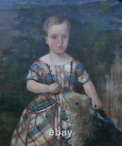 Portrait de Jeune Fille Au Chien Epoque Louis Philippe Huile/Toile XIXème siècle