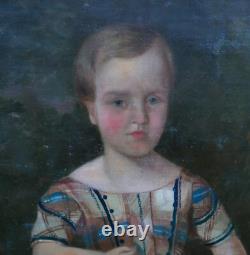 Portrait de Jeune Fille Au Chien Epoque Louis Philippe Huile/Toile XIXème siècle